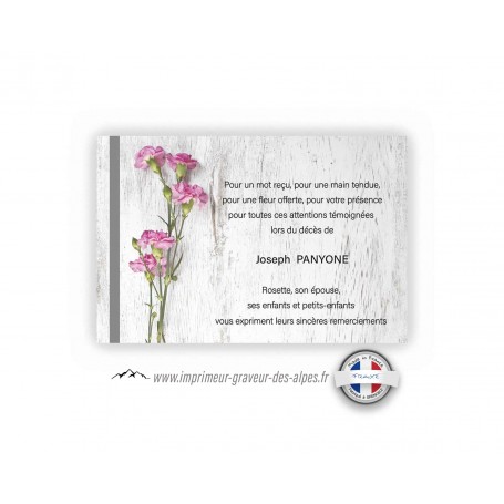 carte remerciement décès personnalisee fleurs œillets roses sur un fond marbre gris,www.imprimeur-graveur-des-alpes.fr