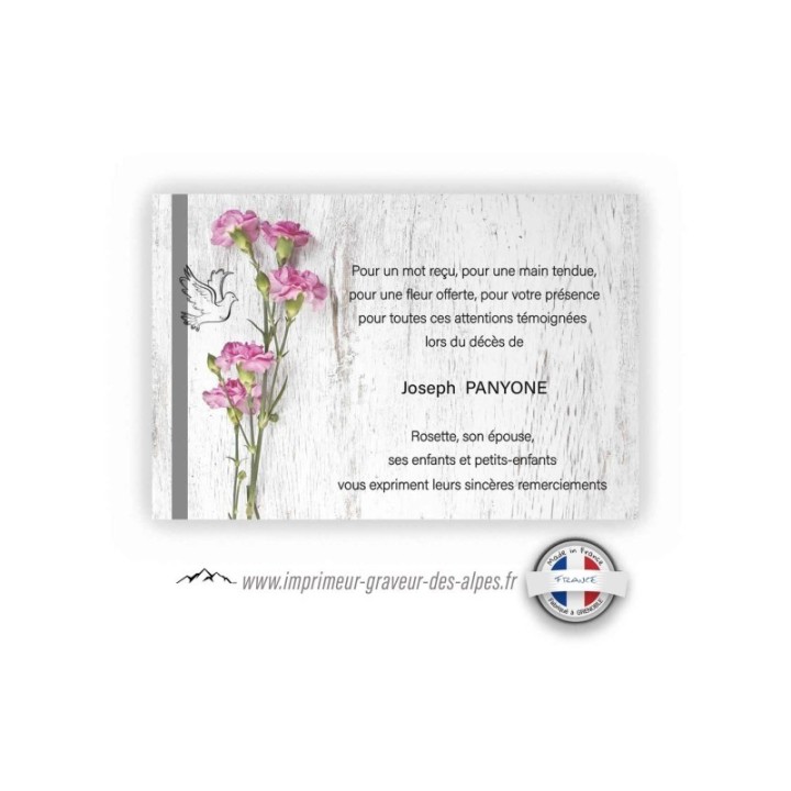 carte merci suite au deuil personnalisee fleurs œillets roses sur un fond marbre gris,www.imprimeur-graveur-des-alpes.fr