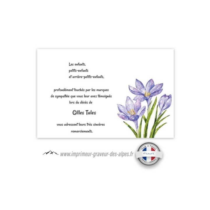 Carte condoleance personnalisée, SAFRANIERE, fleurs épice du safran,  ww.imprimeur-graveur-des-alpes.fr