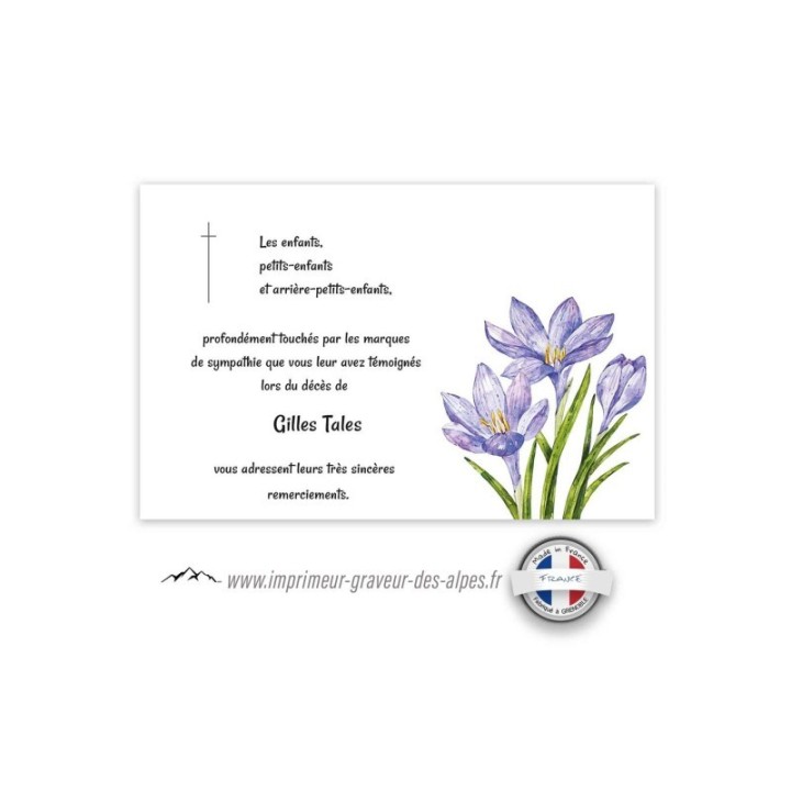 Carte DE DECES personnalisée, SAFRANIERE, fleurs épice du safran,  ww.imprimeur-graveur-des-alpes.fr