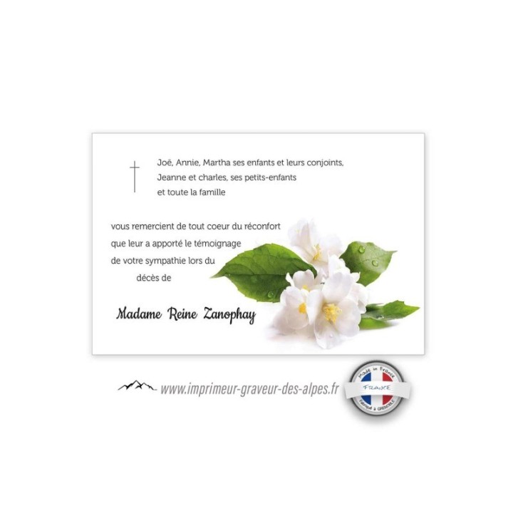 CARTE DECES personnalisee, fleurs Blanches de MAGNOLIA et croix catholique, www.imprimeur-graveur-des-alpes.fr