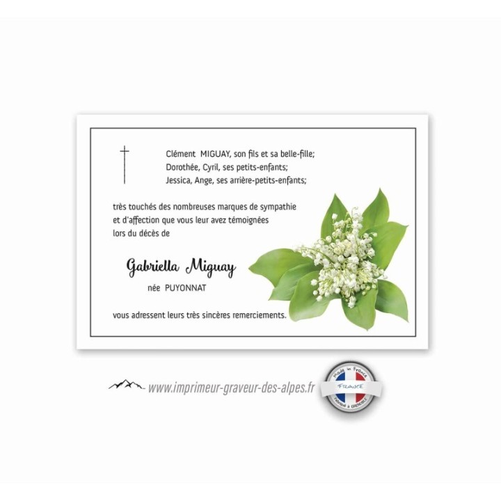 carte remerciements décès,  Bouquet de muguet personnalise croix catholique, www.imprimeur-graveur-des-alpes.fr