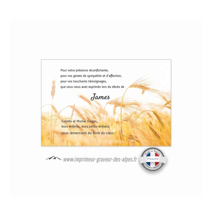 CARTE Remerciement décès, condoléances, carte funéraire, personnalisée, champs de blé, croix catholique