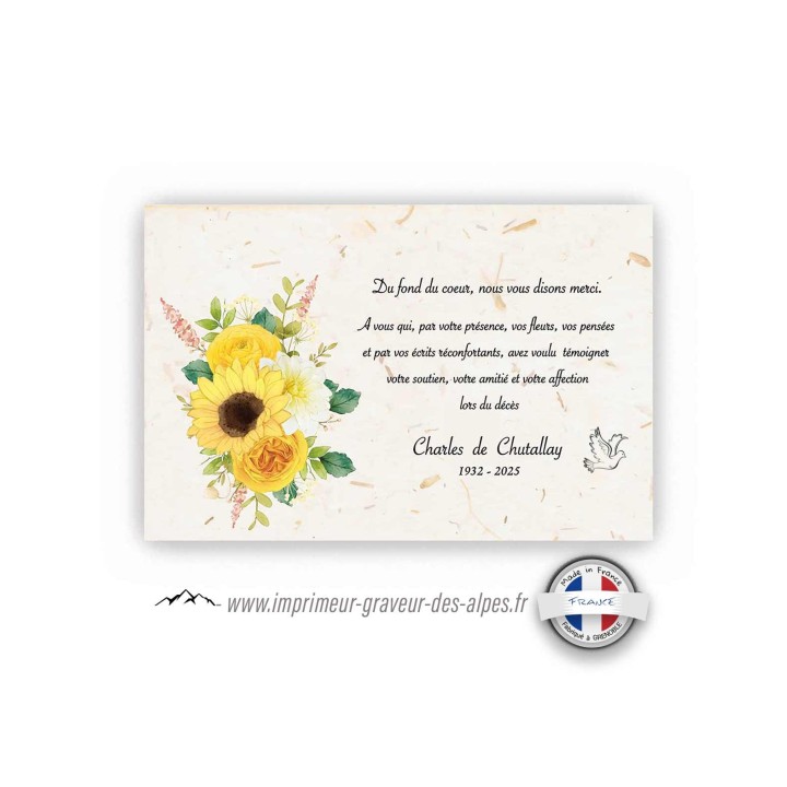 CARTE REMERCIEMENT DECES  FLEURS jaunes DE DALHIA et une colombe