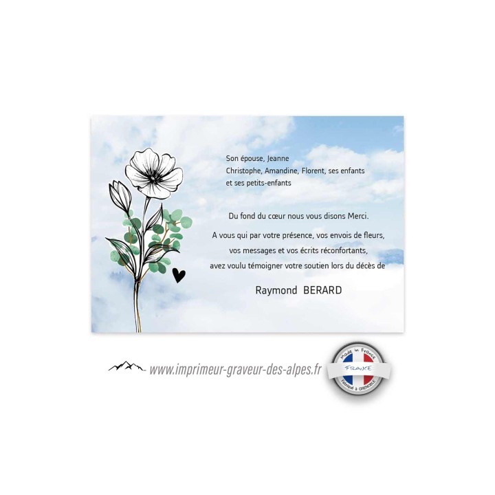 CARTE REMERCIEMENT DÉCÈS CONDOLEANCES fleurs perce neige, www.imprimeur-graveur-des-alpes.fr