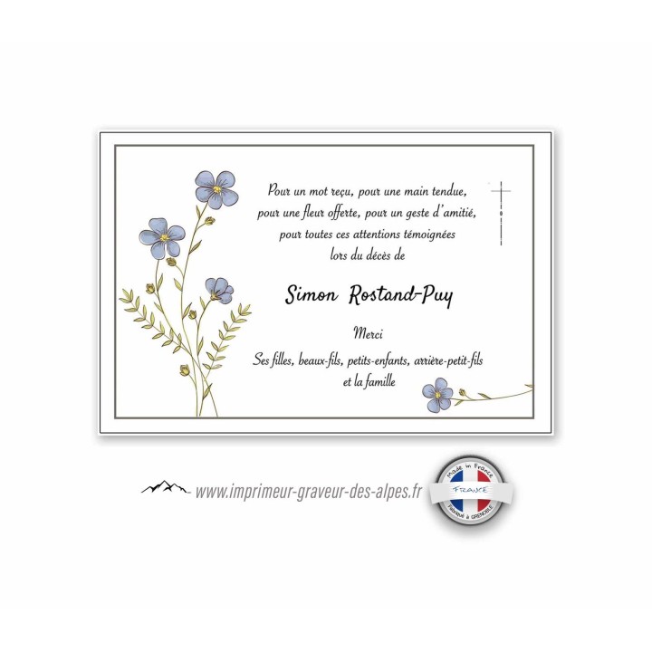 Carte remerciements et condoléances, petite fleurs bleutées,  Bretonne, www.imprimeur-graveur-des-alpes.fr