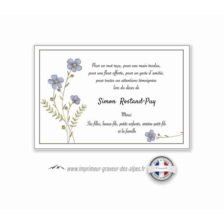 Remerciements deces,  fleurs bleutées Bretonne, www.imprimeur-graveur-des-alpes.fr