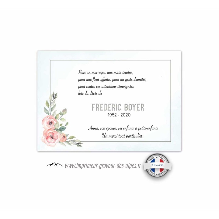 carte funéraire personnalisée pastels de fleurs en feuillage, imprimeur-graveur-des-alpes.fr