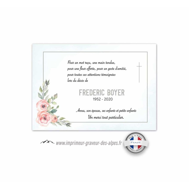 cartes remerciements décès pastels de fleurs en feuillage, imprimeur-graveur-des-alpes.fr