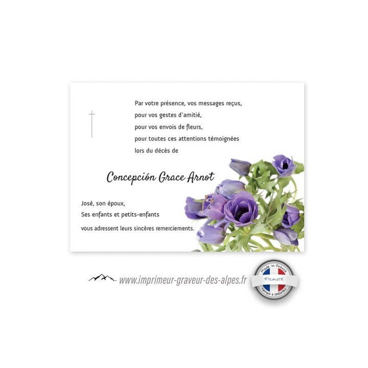 Carte décès, remerciements de condoléances personnalisée bouquet de fleurs violettes.