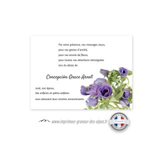 carte décès remerciement de condoléances suite deuil bouquet de fleurs violettes personnalisée