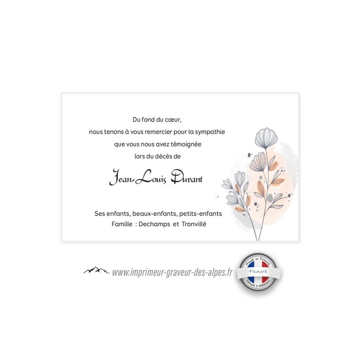 Carte remerciement décès  et condoléances, personnalise fleur moderne BACKARIS,