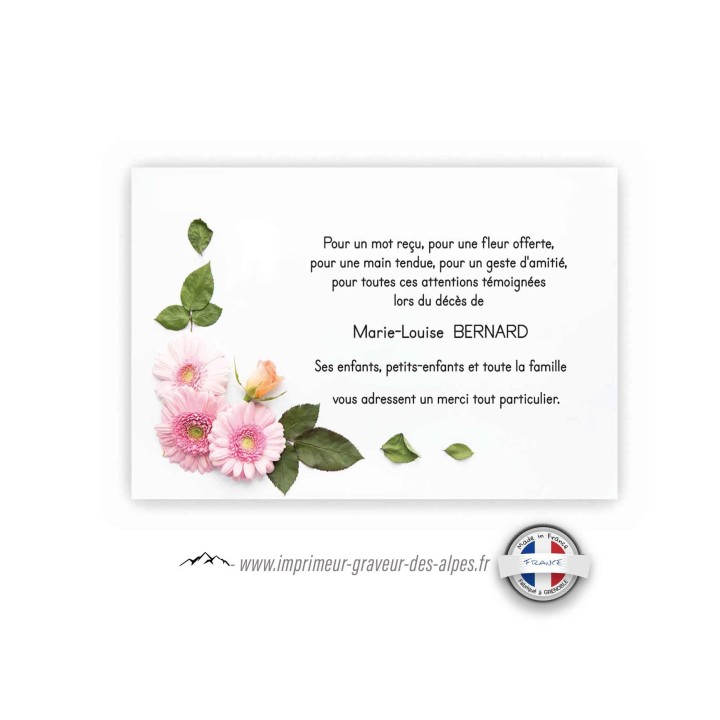 CARTE REMERCIEMENT DÉCÈS, farandole forale, pâquerette et rose jaunes,