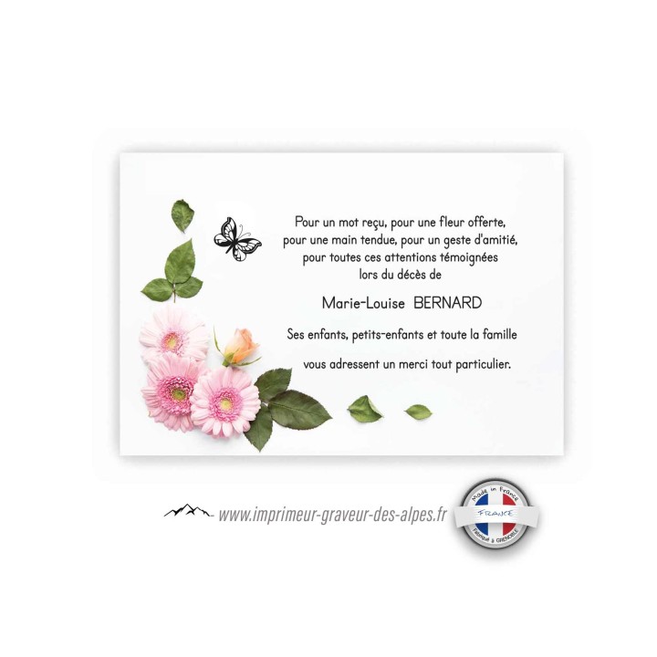 CARTE funéraire personnalisée DÉCÈS, farandole forale, pâquerette et rose jaunes  et papillon