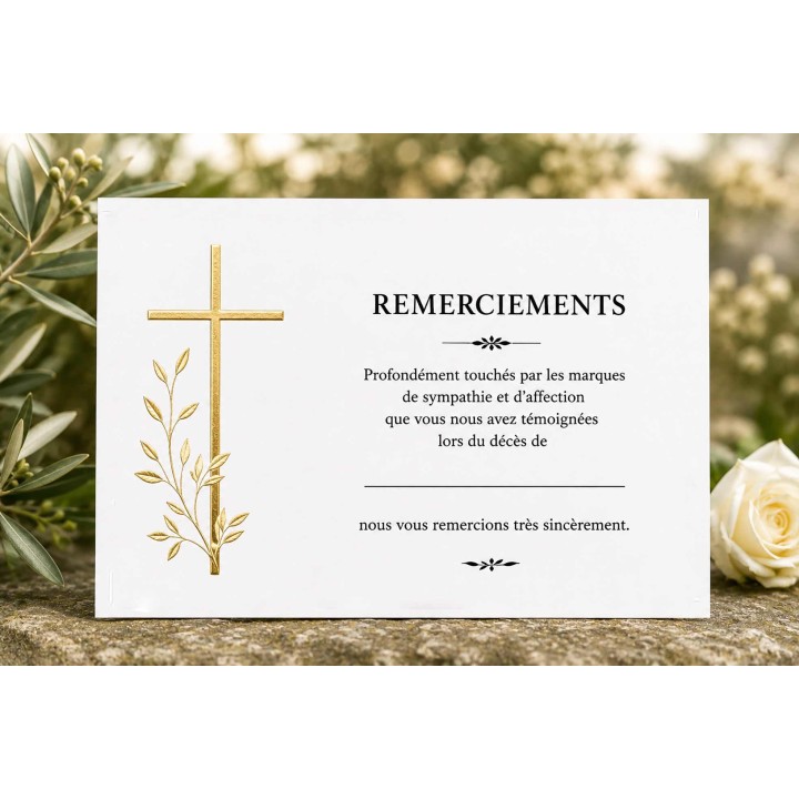 carte remerciements décès  CROIX CATHOLIQUE dorée, carte condoléances en dorure a chaud  de tradition