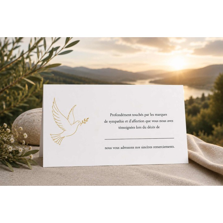 carte remerciements décès COLOMBE dorée, carte condoléances en dorure a chaud  de tradition SIGNE DE LA PAIX