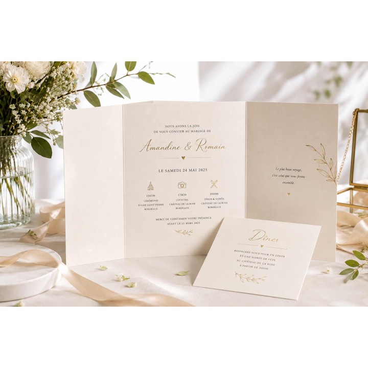 invitation MARIAGE LUXE AVEC 2 INITIALES  EN LETTRES DOREES  ET CARTE DE DINER de gamme a Grenoble