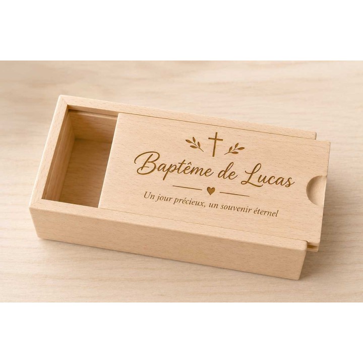 COFFRET  boite en bois cadeau de baptême garçon couvercle coulissant personnalisé gravé a Grenoble