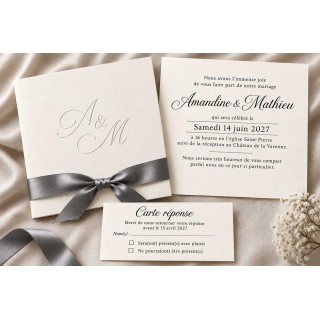 Faire part mariage luxe et tradition  2 initiales  nacrées  en relief Papier BLANC GIVRE,  imprimé a Grenoble