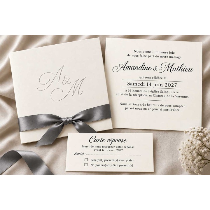 Faire part mariage luxe et tradition  2 initiales  nacrées  en relief Papier BLANC GIVRE,  imprimé a Grenoble