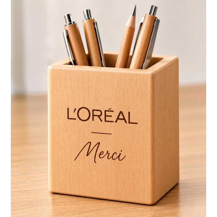 POT A CRAYON EN BOIS DE HETRE GRAVE MERCI LOGO CADEAU