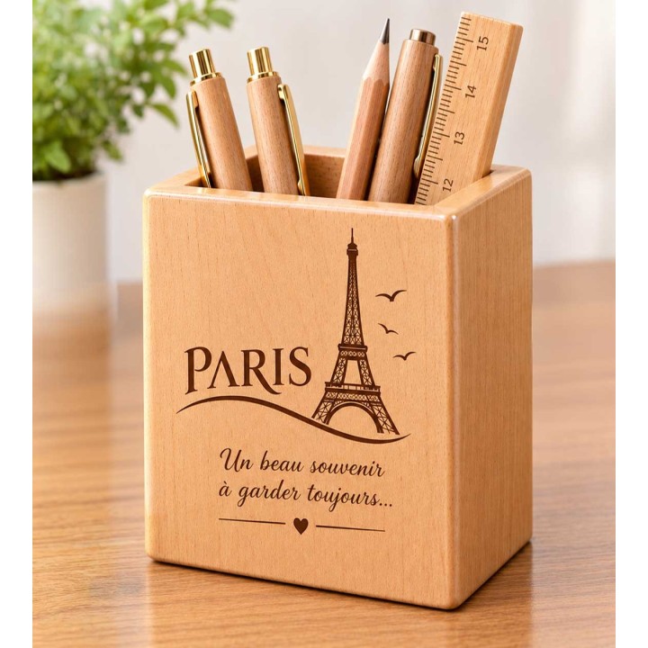 POT A CRAYON EN BOIS DE HETRE GRAVE TOUR EIFFEL PARIS CADEAU SOUVENIR