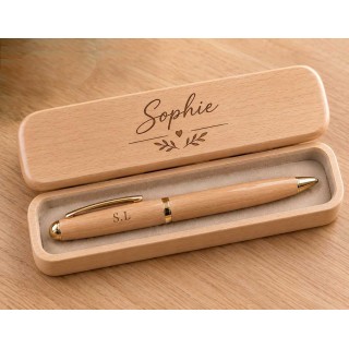 coffret  cadeau parure de stylo bille en bois de hêtre gravé à Grenoble