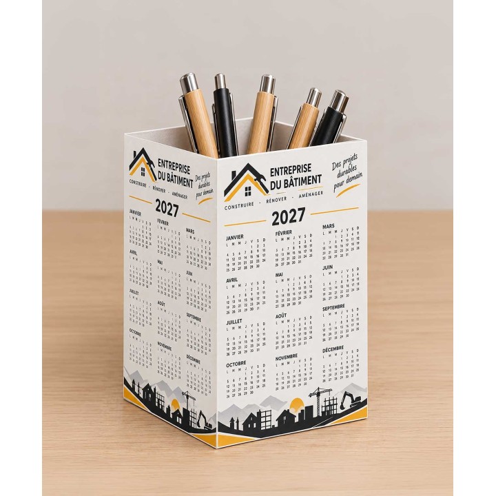Pot a crayon en forme de calendrier ou CARTE de VŒUX personnalisé logo entreprise de bâtiment