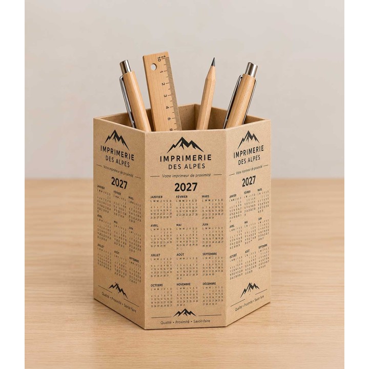 Pot a crayon en guise de calendrier en papier Krafft ou CARTE de VŒUX personnalisé logo entreprise