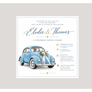 FAIRE PART MARIAGE personnalise design voiture Volkswagen bleu invitation mariage vintage