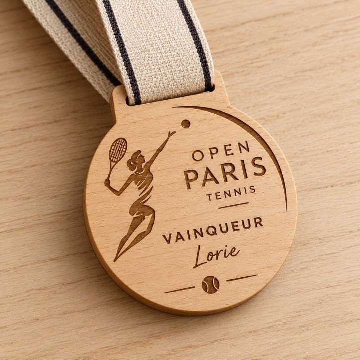 MEDAILLE EN BOIS NATUREL GRAVEE, personnalisée open de paris IMPRIMEUR GRAVEUR DES ALPES.FR