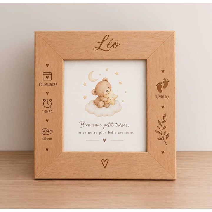 cadre photo en bois de hêtre personnalise naissance de Léo, cadeau naissance a Grenoble