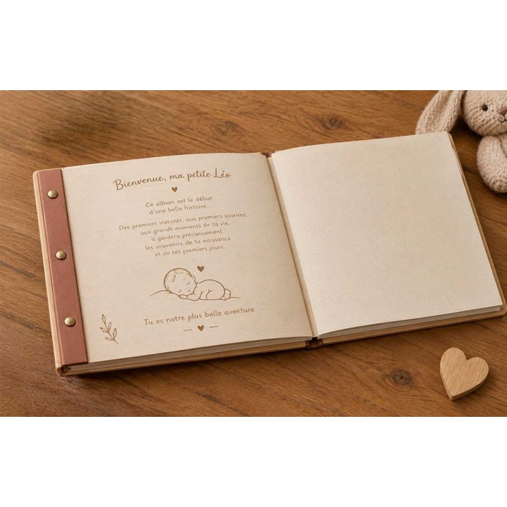 ALBUM  DE NAISSANCE  personnalise  livre photo BOIS GRAVE, 60 feuillet naturel pour insérer vos photos