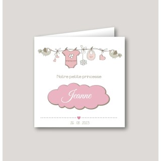 Faire part de naissance, corde à linge, rose pastel