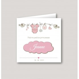 Faire part de naissance, corde à linge, rose pastel