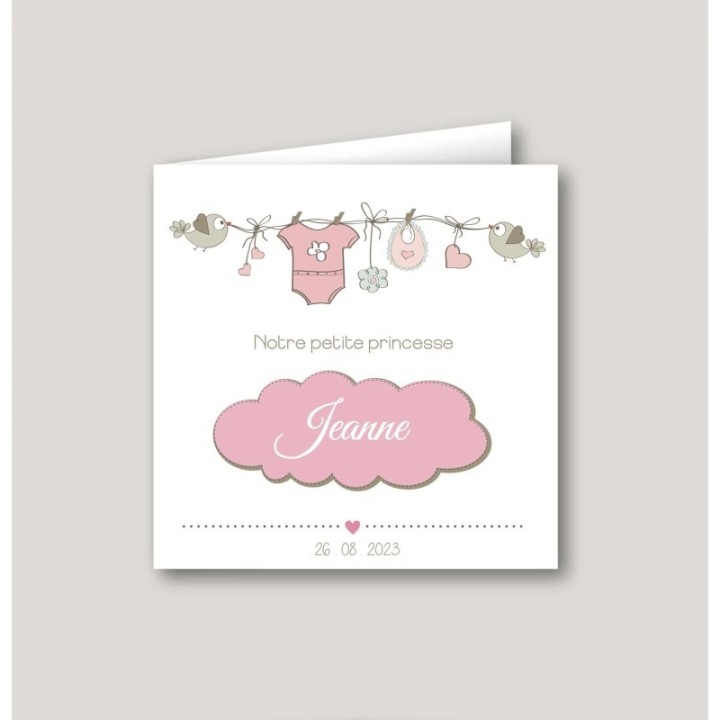 Faire part de naissance, corde à linge, rose pastel