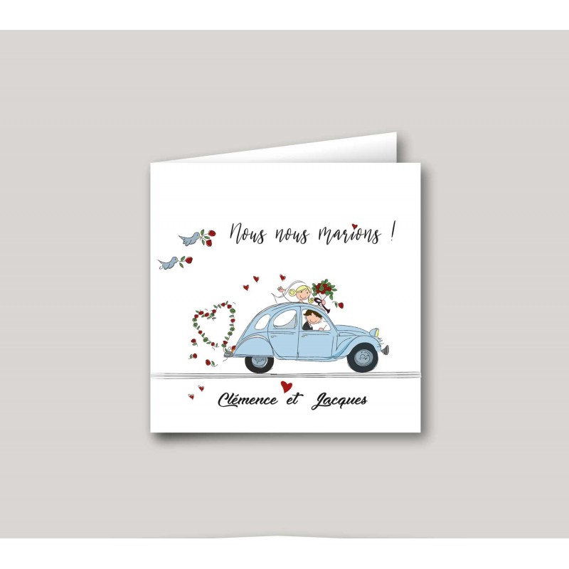Faire part de mariage vintage retro la 2 CV Citroën bleu LA DEUDEUCHE