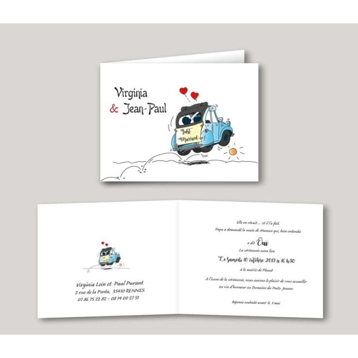 Faire part mariage 2CV retro bleu