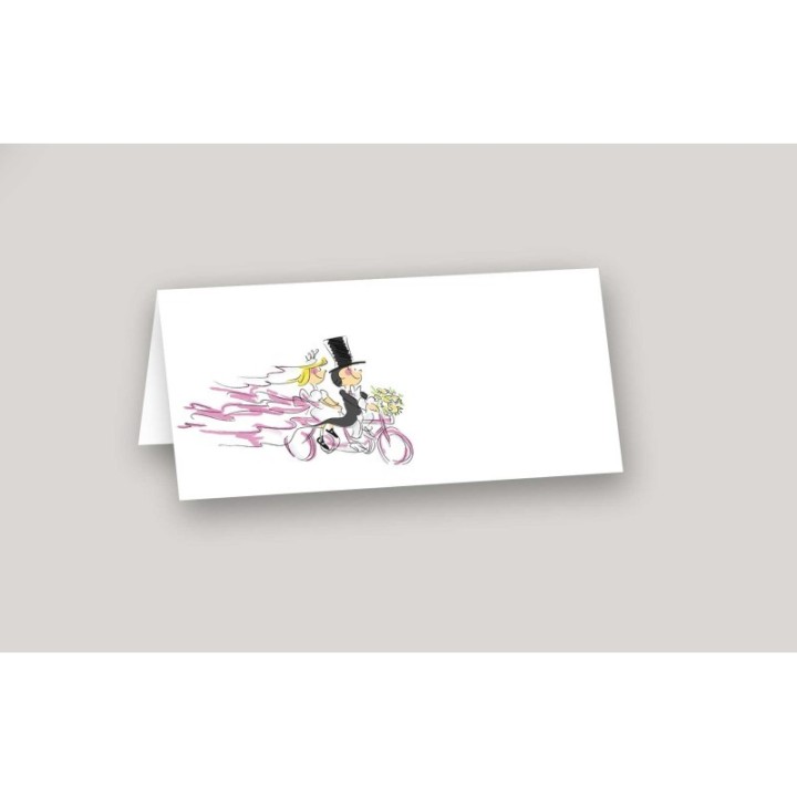 Marque-place mariage les maries en vélo