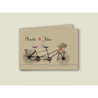 Faire part mariage en papier kraft naturel, amoureux en vélo tandem  tricycle, vélo à deux