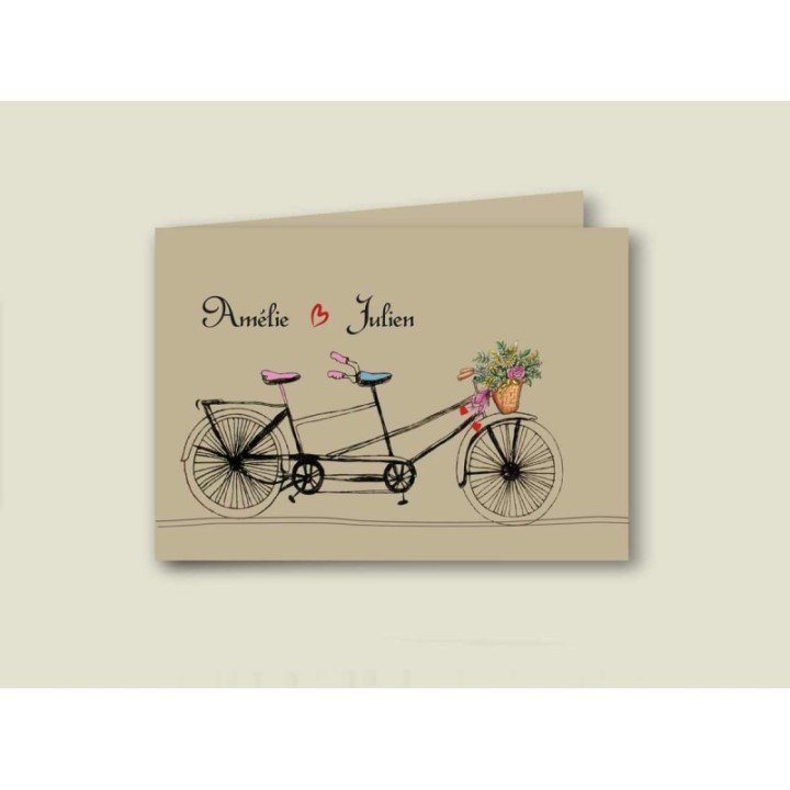 Faire part mariage en papier kraft naturel, amoureux en vélo tandem  tricycle, vélo à deux