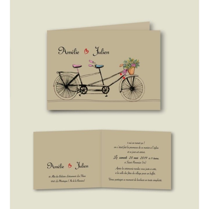 Faire part invitation mariage en papier kraft naturel, amoureux en vélo tandem  tricycle, vélo à deux