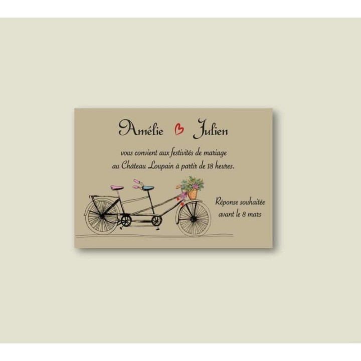 carte invitation diner en papier kraft naturel, amoureux en vélo tandem  tricycle, vélo à deux