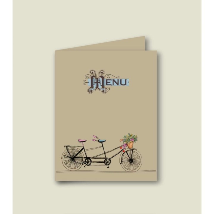 Menu kraft mariage en papier kraft naturel, amoureux en vélo tandem  tricycle, vélo à deux