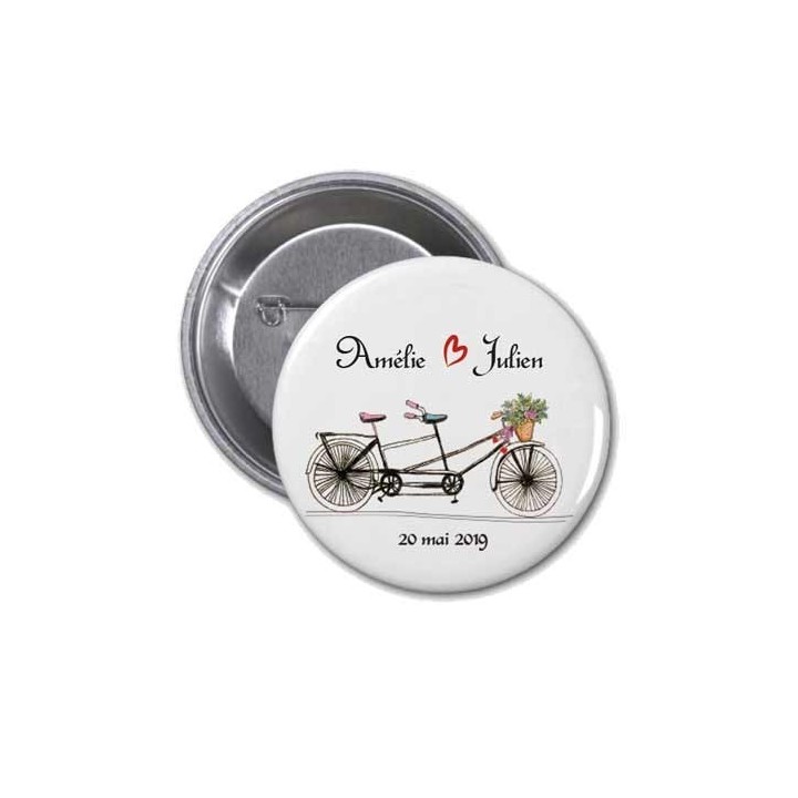 badge personnalise mariage  design amoureux en vélo tandem  tricycle, vélo à deux