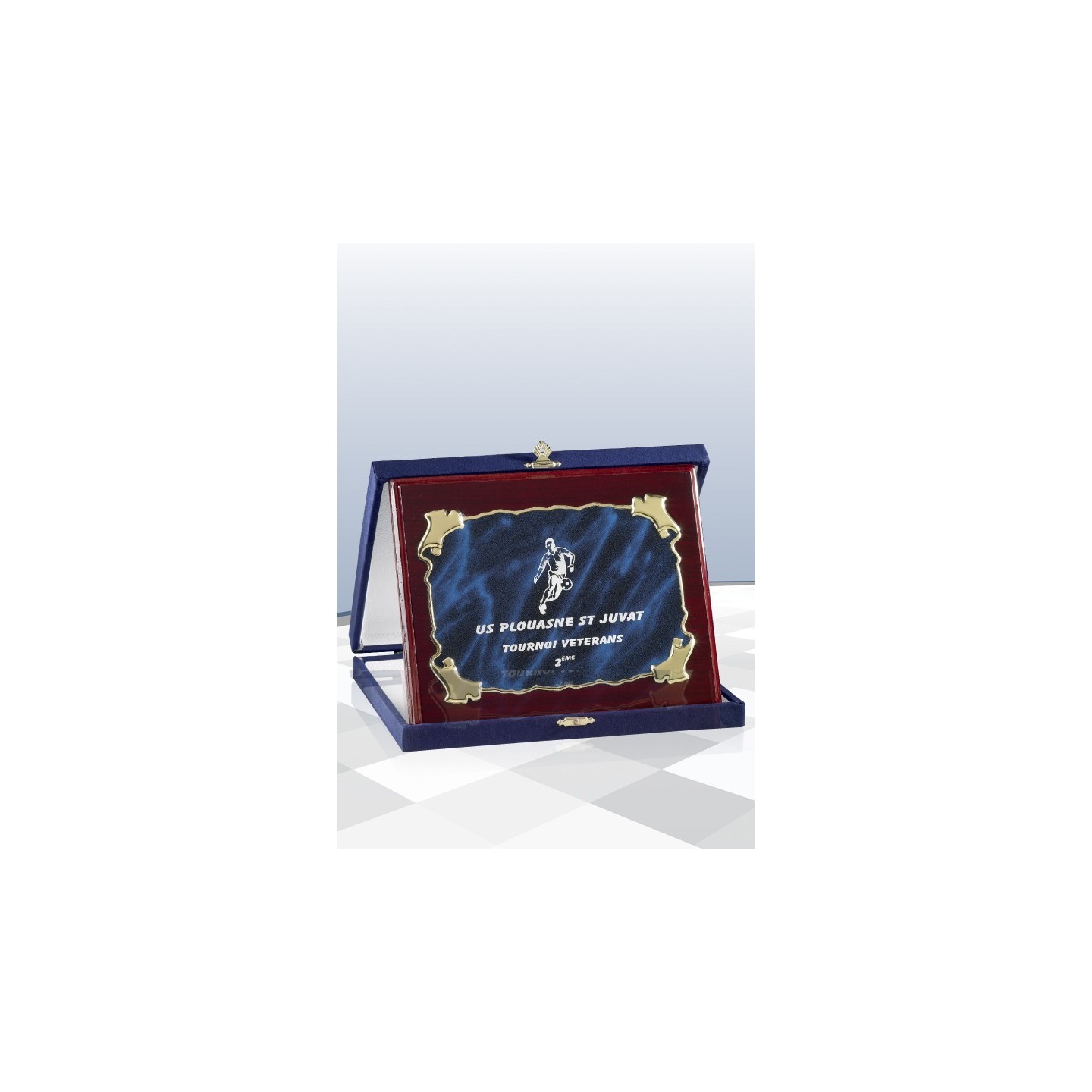 Plaque Inscription Gradification Plaque distinction honneur gravée métal marbré bleu contour OR parchemin
