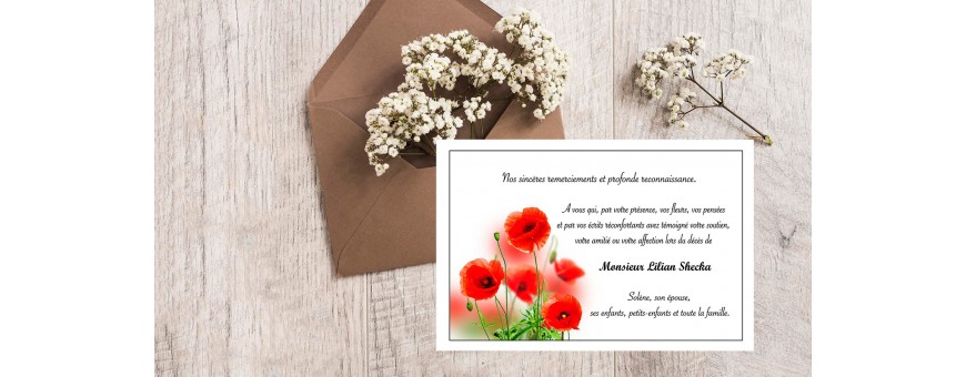 Carte de remerciements de décès fleurs suite aux condoléances