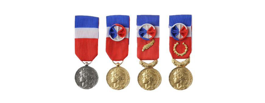 Medaille du travail 4 echelons, Argent, vermeil, Or, grand or, gravee