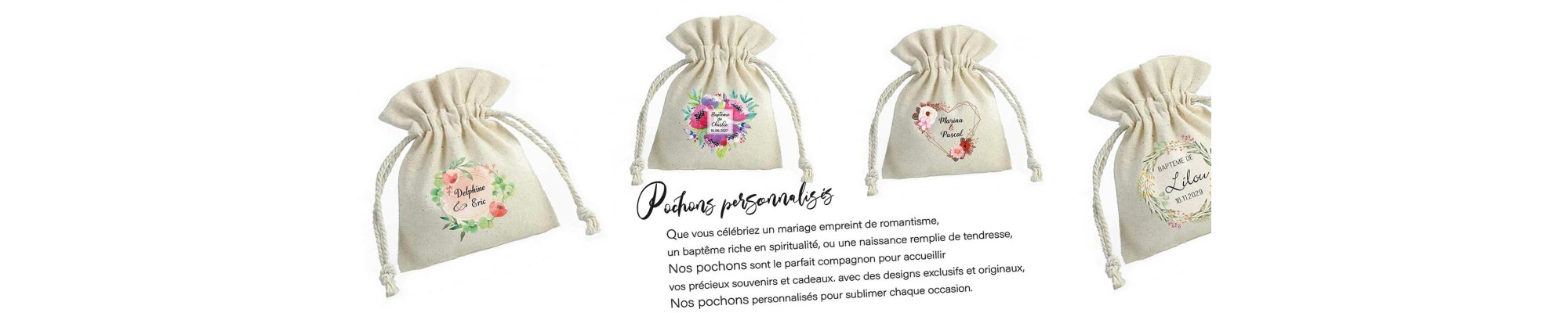 Pochon en toile de coton naturelle personnalisé mariage, bapteme cadeau